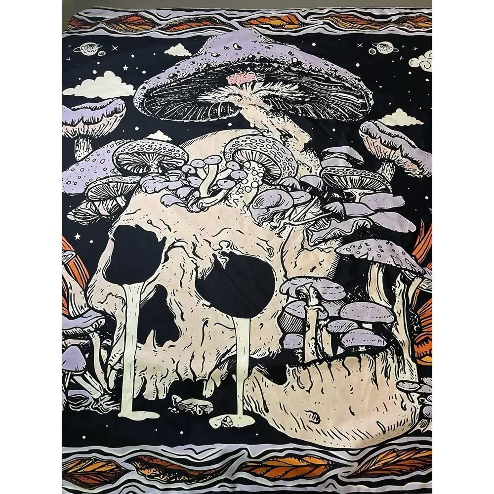 Psychedelic Mushroom Tapestry Black Celestial Sun Moon Stars Trippy Wall Hanging